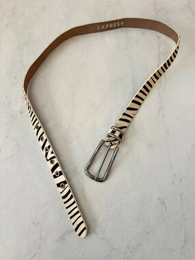 Express Animal Print Leather Belt in Brown & White